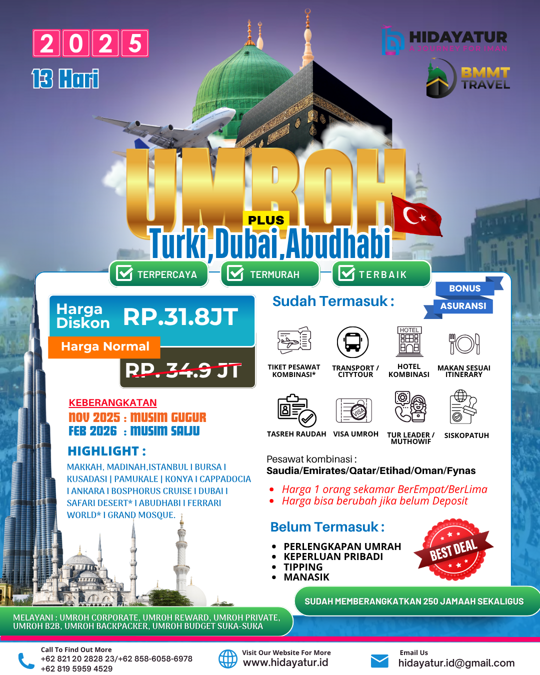 Umroh Plus Turki Dubai Abu Dhabi 13 hari - Hidayatur